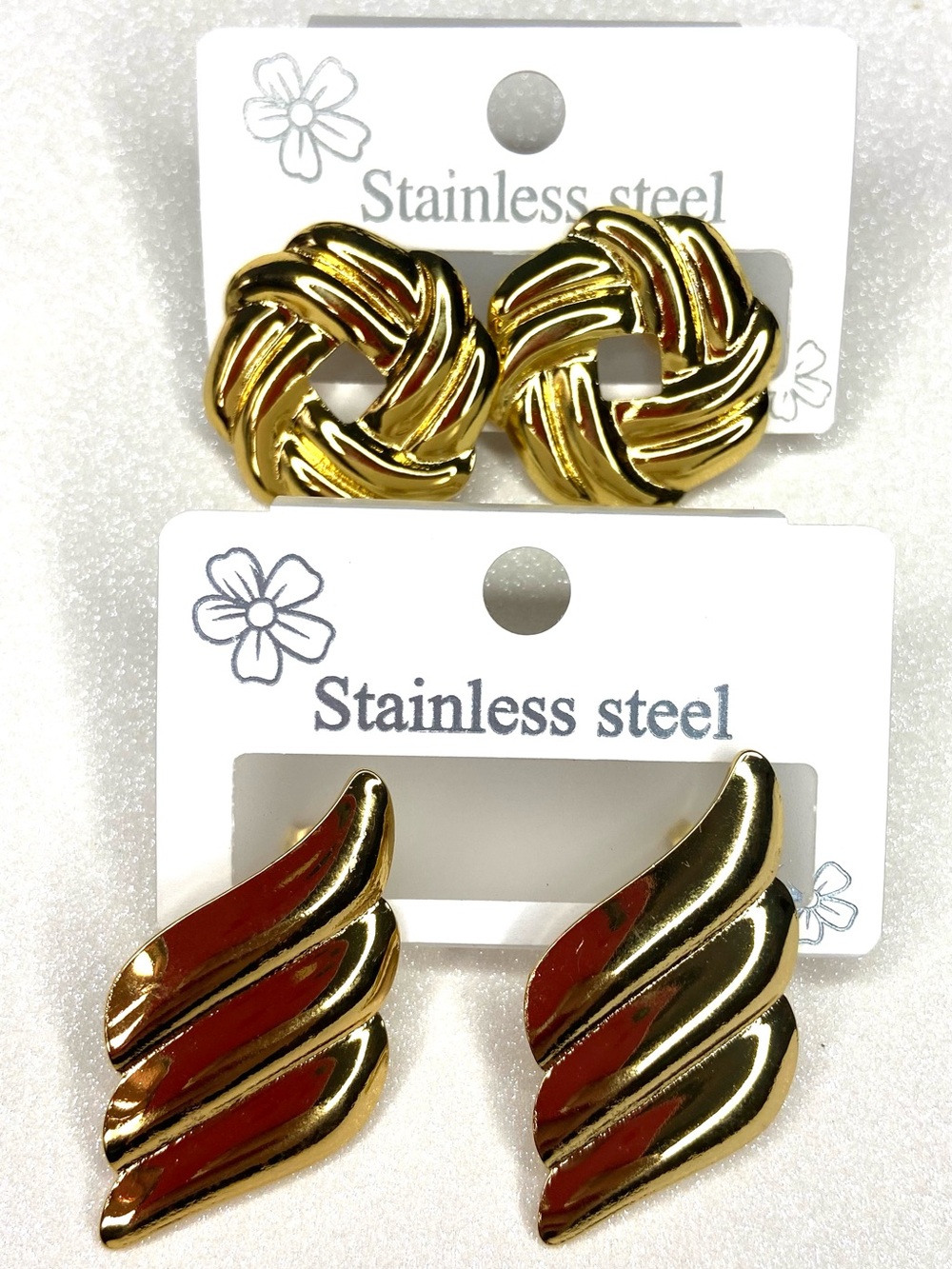 2 Stainless Steel Gold Tone Winged Stud Earrings - Gold